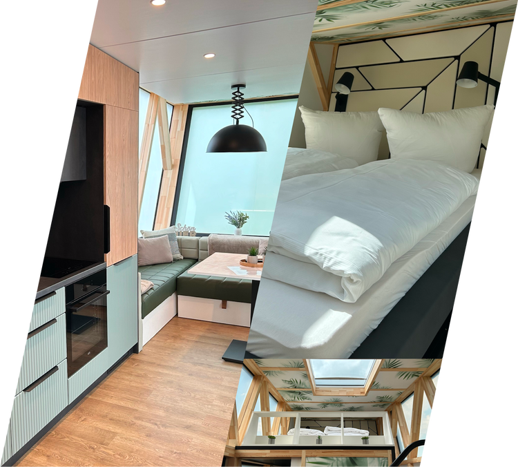 Image is composed of three images. Image on the left half: Staircase leading into the ContiHome tiny house. Image on the top right: View of the sleeping area of the ContiHome premium tiny house. Image on the bottom right: View from the seating area into the ContiHome premium tiny house.